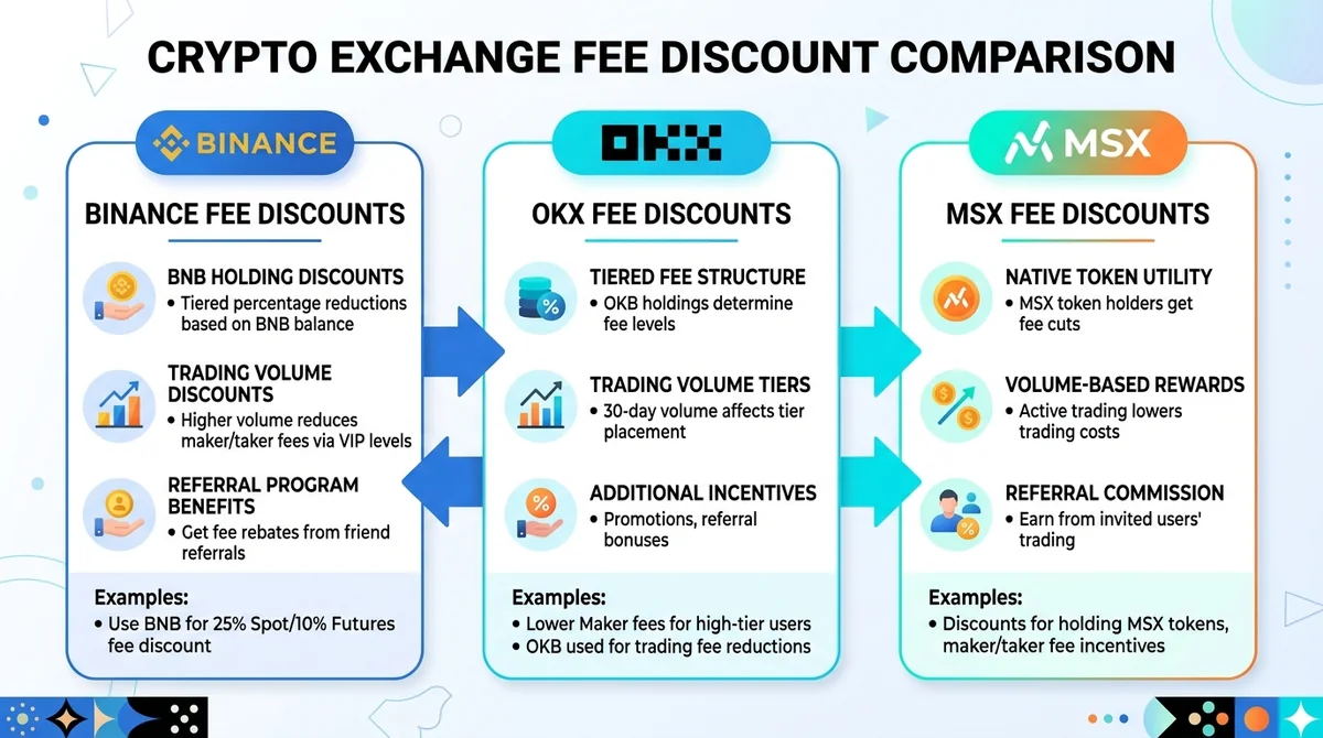 Wide 16:9 horizontal infographic, three-column layout comparing fee discount features for Binance, OKX, and MSX, each column